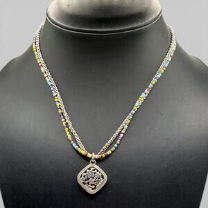 Brighton Silver Floral Square Pendant Necklace, Layered Bead & Wheat Chain
